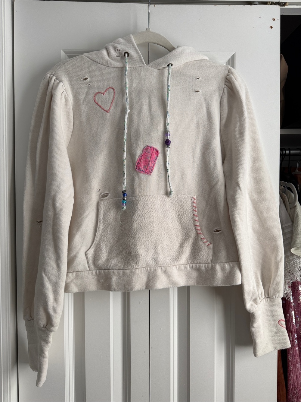 LoveShackFancy Cream Hoodie with Pink Embroidery and Beaded Drawstrings